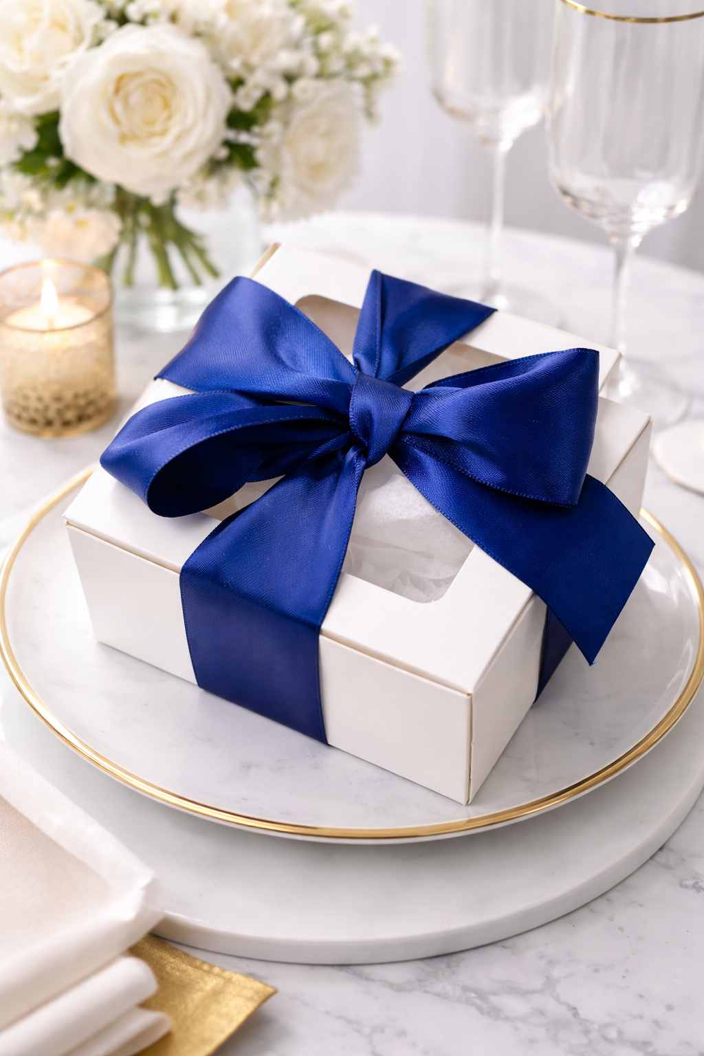 White gift box with a blue ribbon on a marble surface with white flowers and candles in the background
