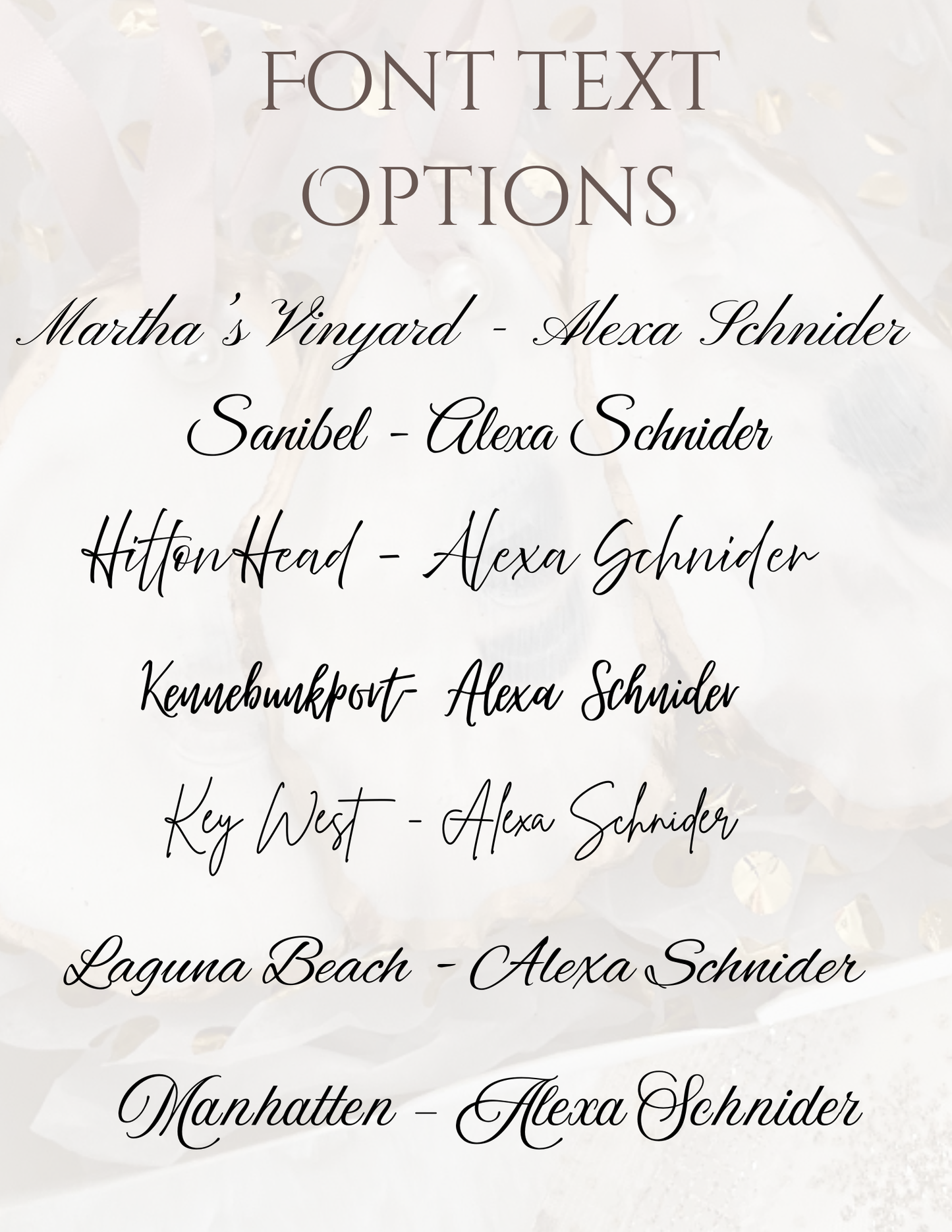 List of font text options with names and a signature on a light background