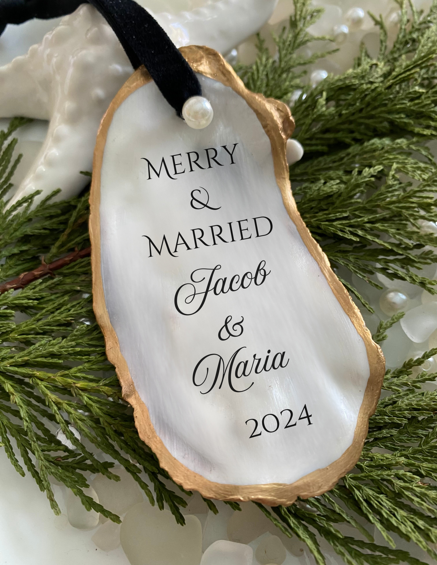 Merry & Married Oyster Shell Ornament First Christmas Newlywed Gift
