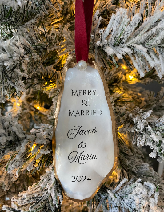 Merry and Married 2025 Christmas Ornament – Handmade Oyster Shell Wedding Ornament for Newlyweds. Celebrate your First Christmas as a Married Couple with this Nautical Coastal Tree Ornament.