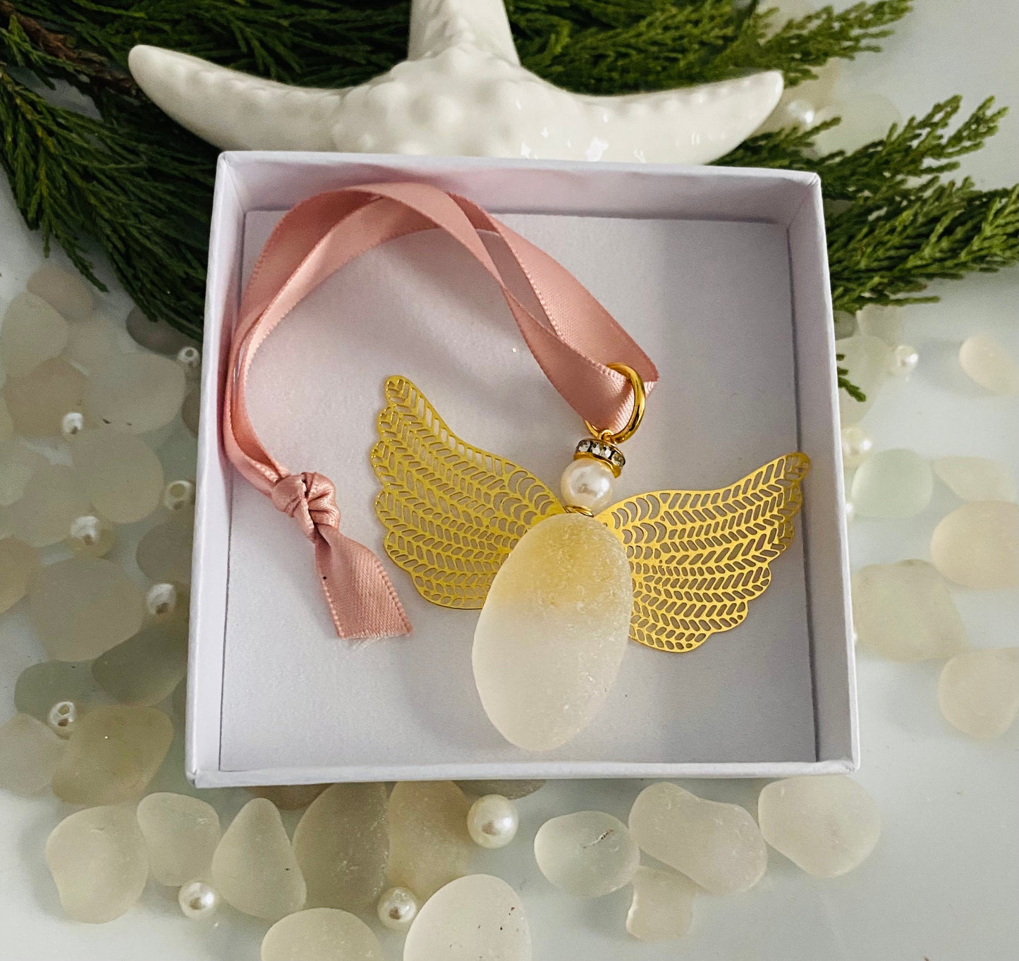 Sea Glass Ornament Angel Ornaments Sea Glass Art Christmas Gift for her Angel Gift Ornaments Angel Wings Gift Box Angel Handmade Gift F