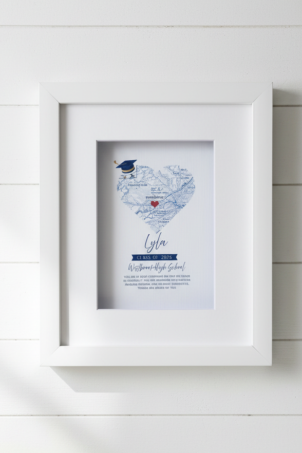 Custom graduation map gift featuring school location with heart design personalized with name and graduation year