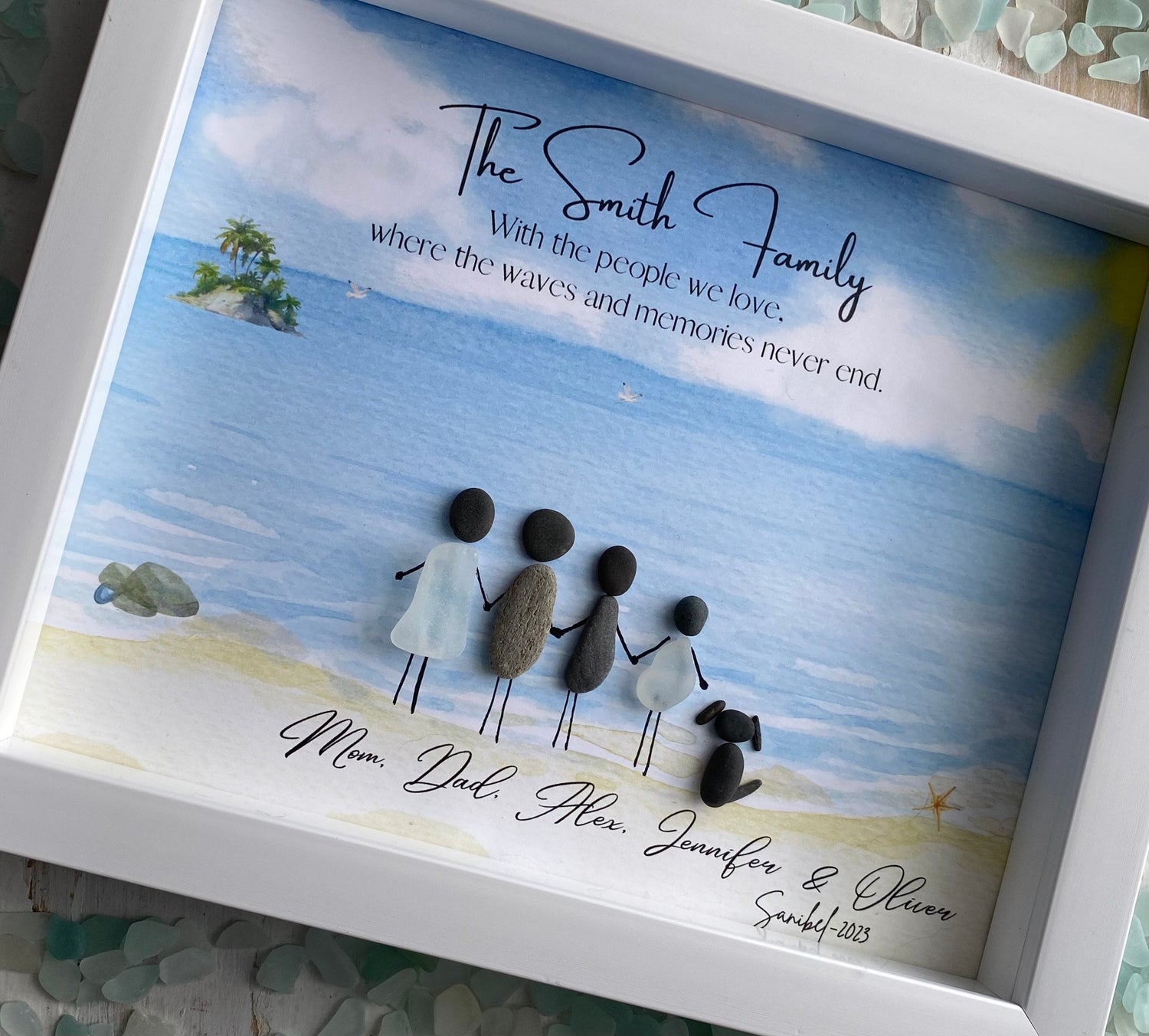 Handmade personalized Family Beach framed sea glass wall art