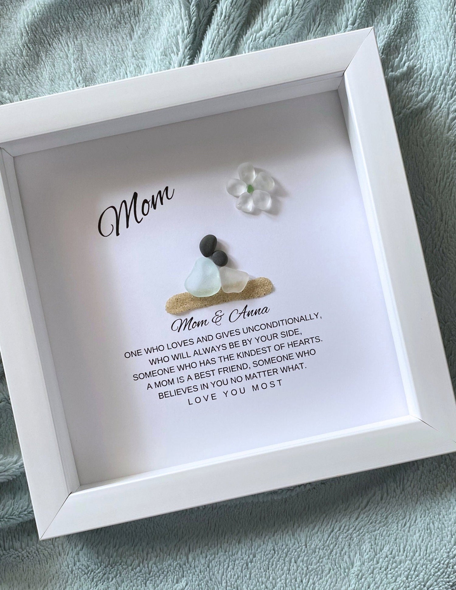 Handmade personalized Mom framed sea glass wall art