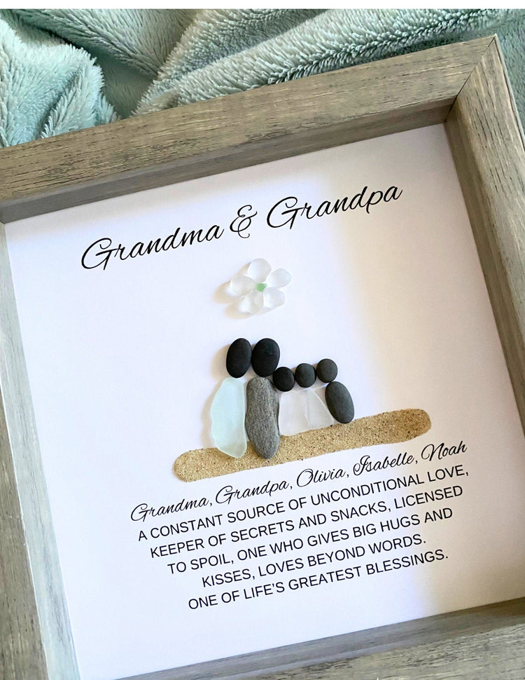 Handmade personalized Grandparents framed sea glass wall art