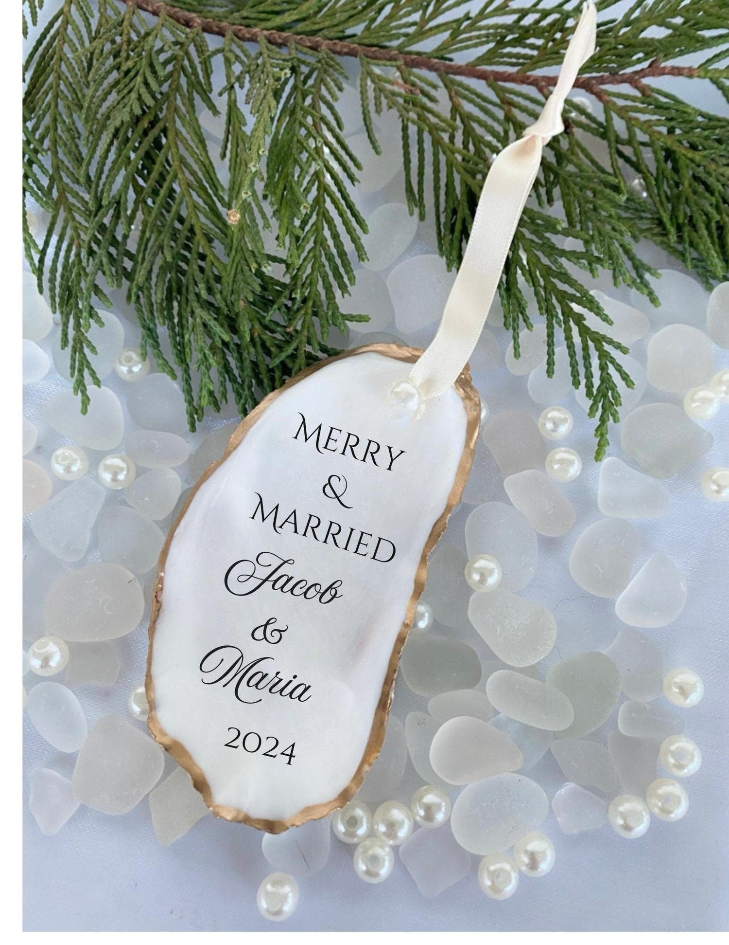 All natural handmade personalized oyster shell ornament with pearl paint and gold gild paint on edges adorned with ivory or rose gold satin ribbon and a cultured pearl for Married Couple