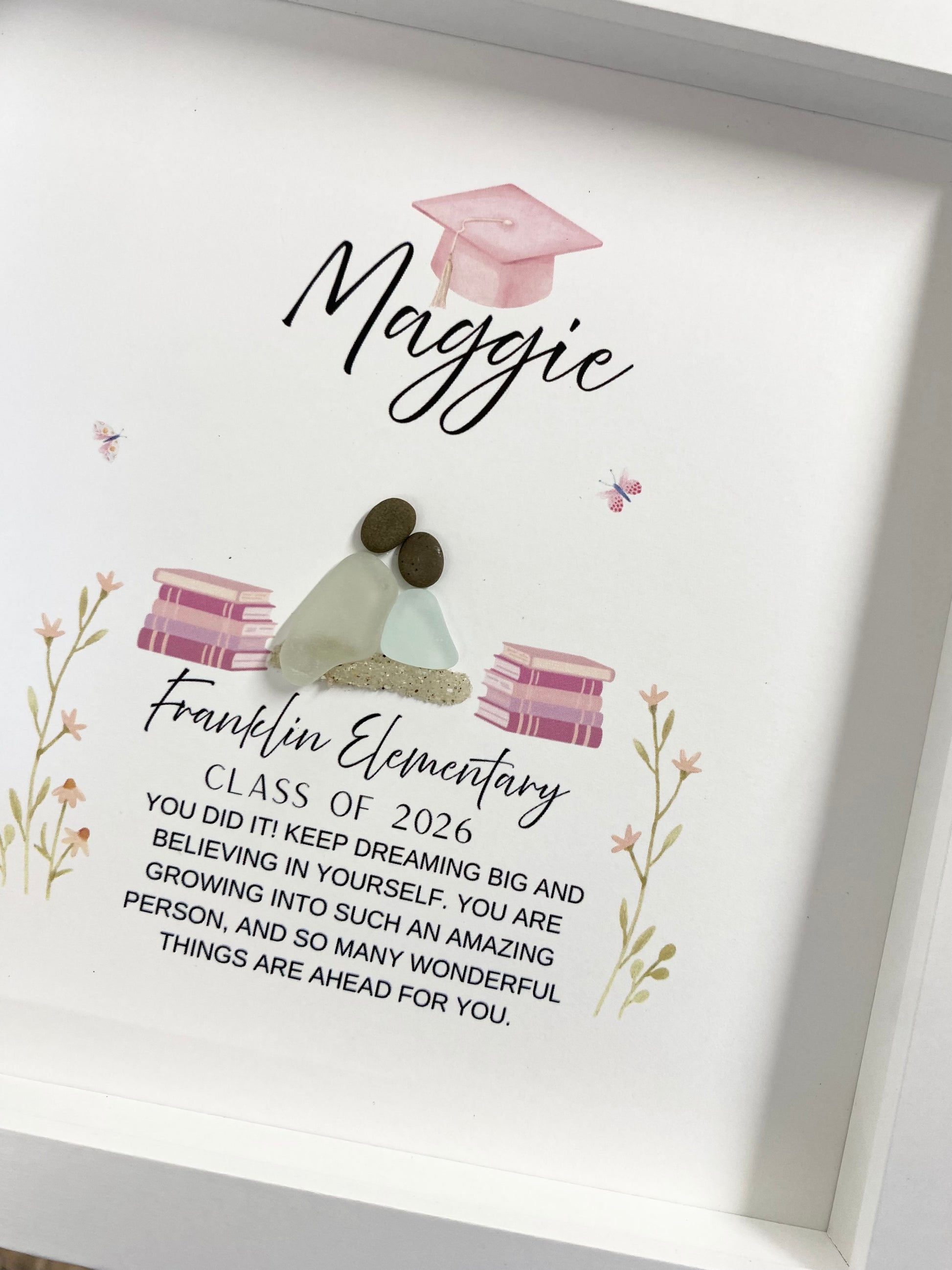 Graduation-themed Sea Glass Art for Elementary School with text and illustrations on a white background