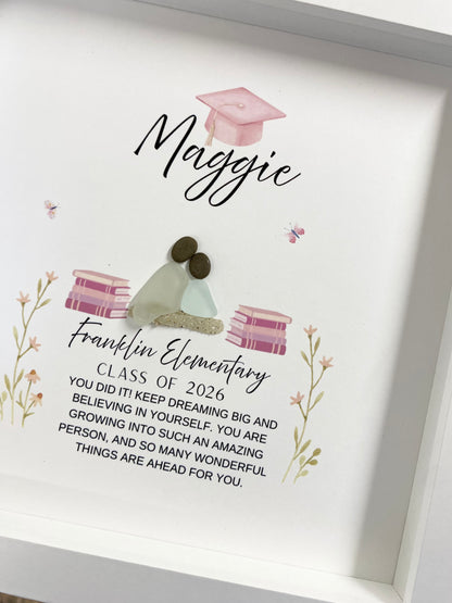 Graduation-themed Sea Glass Art for Elementary School with text and illustrations on a white background