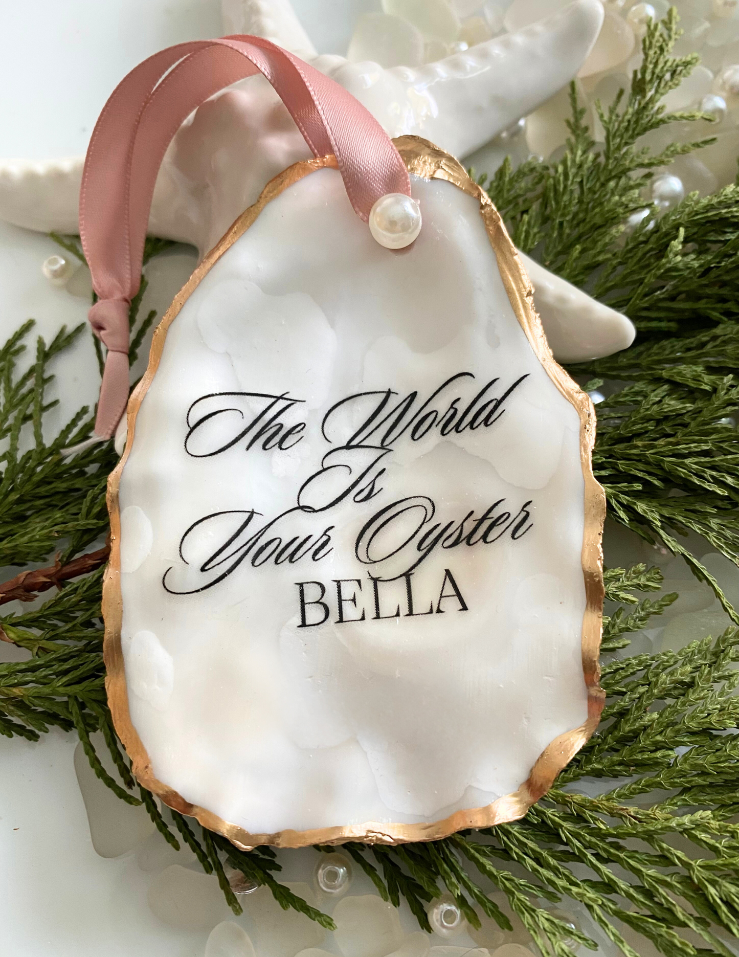 Personalized Oyster Shell Ornament 2024 The World is Your Oyster 2024 Christmas Ornament Coastal Christmas Decor Custom Oyster Shell Ornament Handmade Christmas Keepsake Gold Gilded Oyster Shell