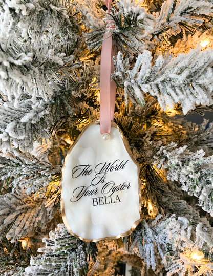 Personalized Oyster Shell Ornament 2024 The World is Your Oyster 2024 Christmas Ornament Coastal Christmas Decor Custom Oyster Shell Ornament Handmade Christmas Keepsake Gold Gilded Oyster Shell