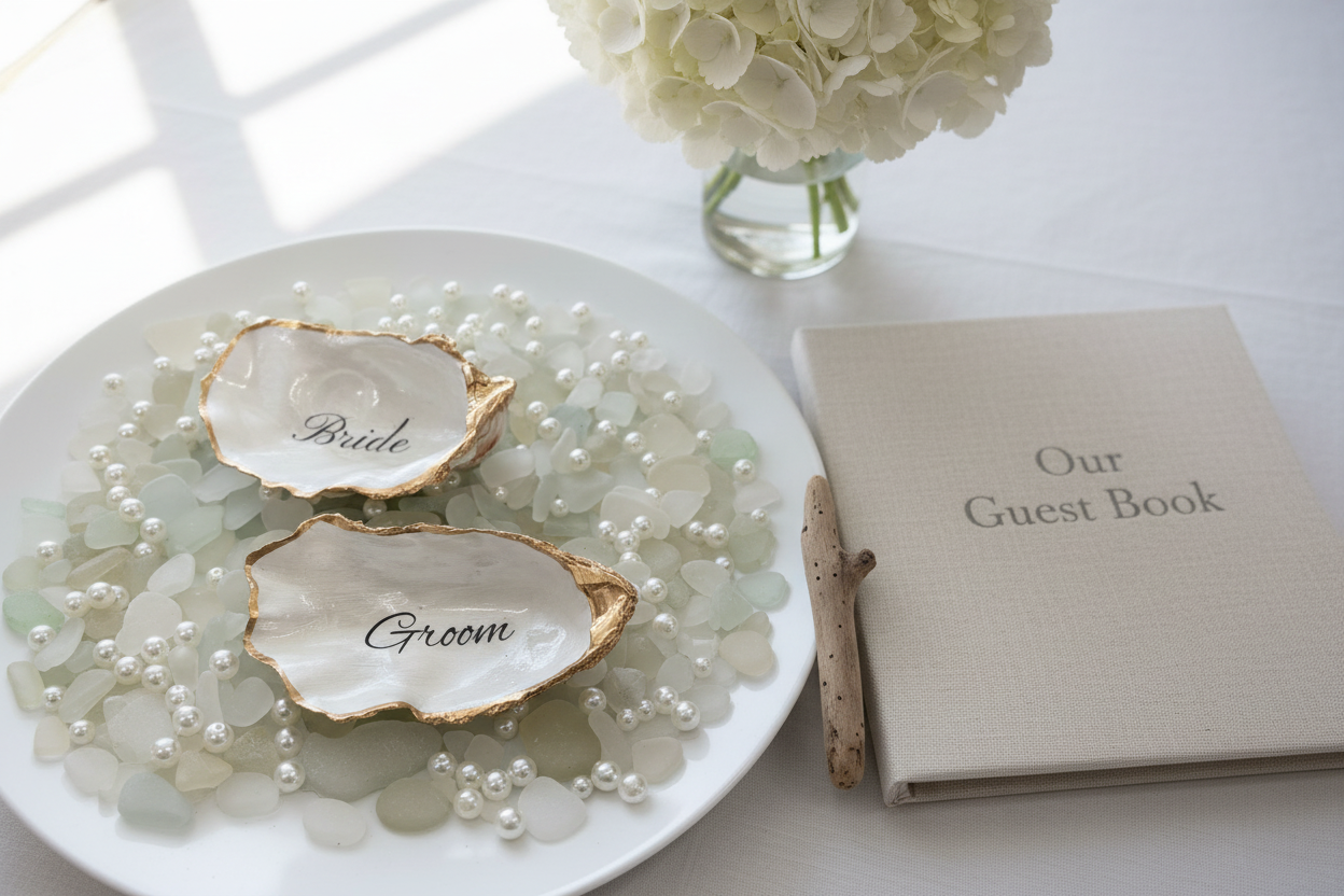 Luxury wedding oyster place cards for bride and groom on a plate with flowers and a guest book. 