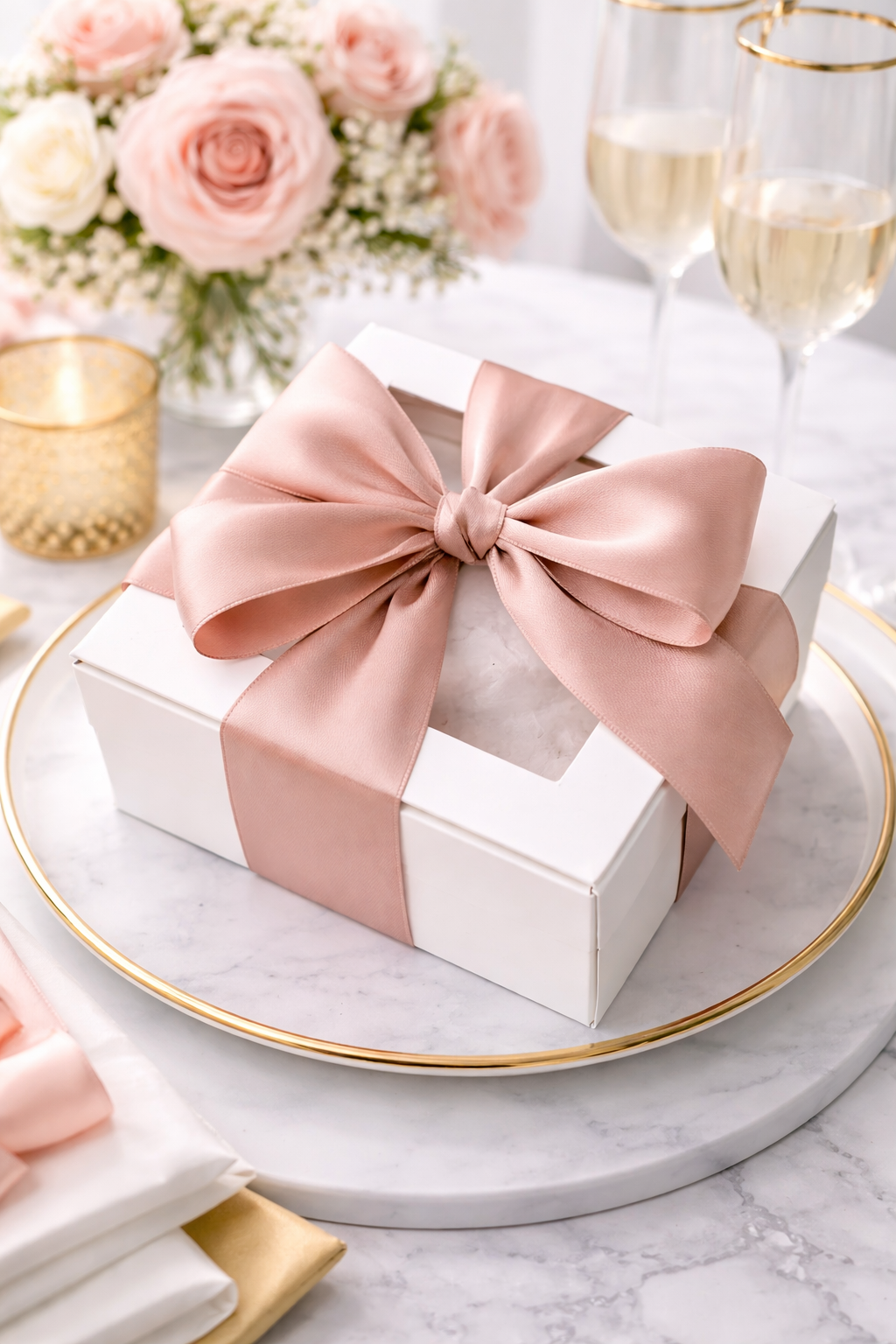 Gift box with a pink bow on a marble surface with flowers and glasses in the background