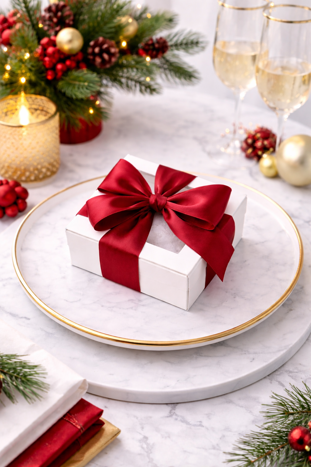 White gift box with a red ribbon on a marble surface with Christmas decorations.
