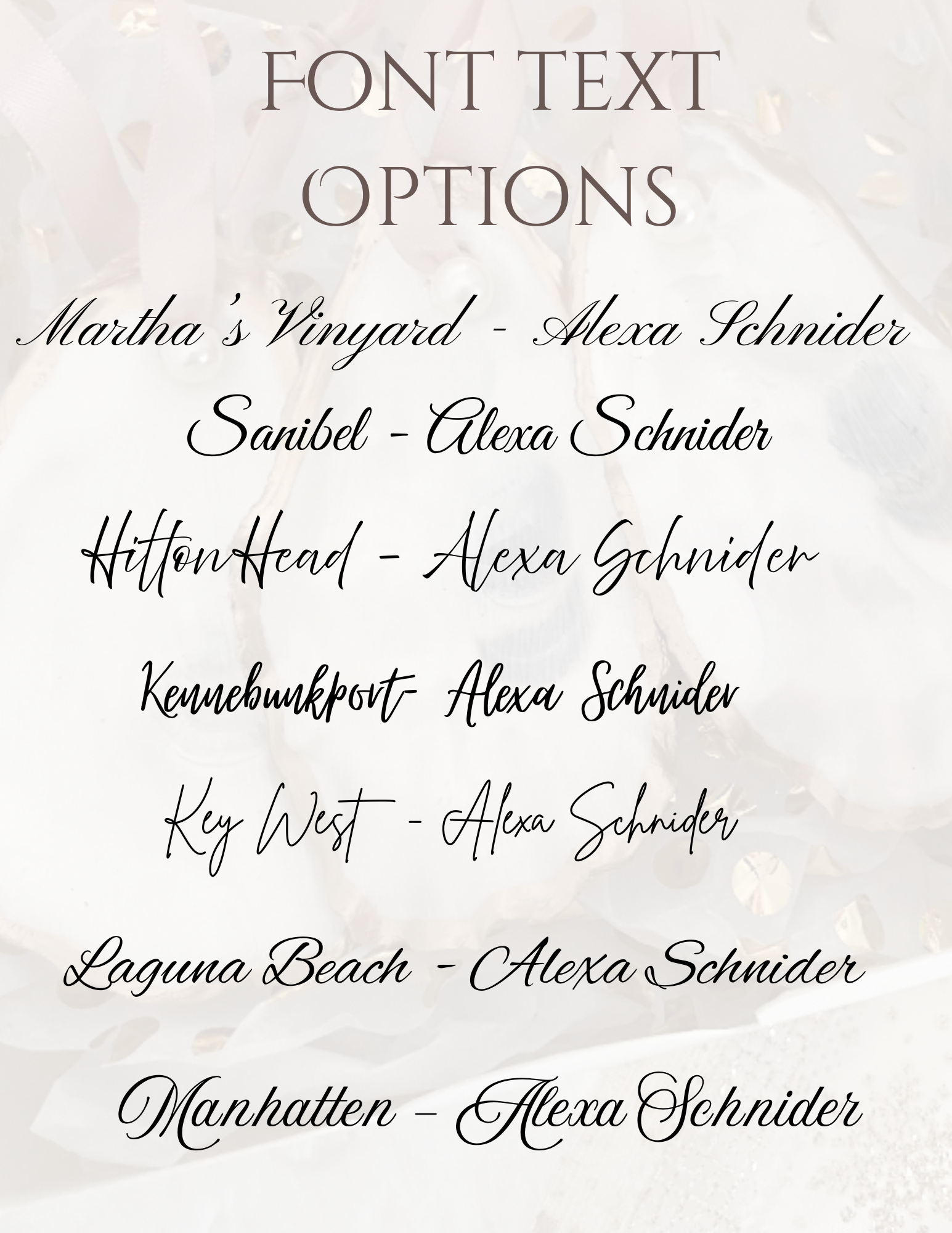 List of font text options with names and a signature on a light background