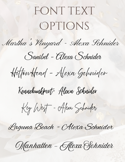 List of font text options with names and a signature on a light background