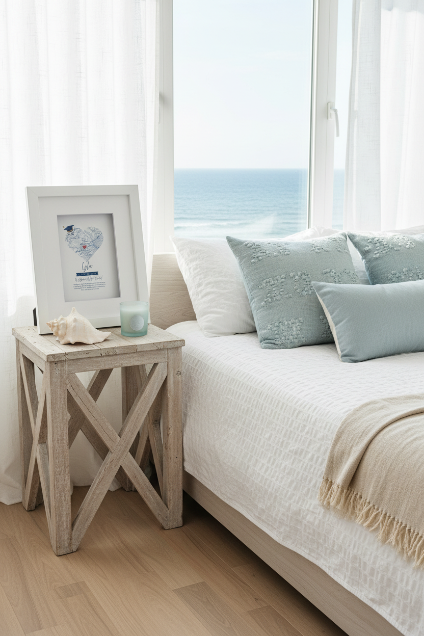 Personalized Graduation Gift Personalized Framed Art in a Bedroom with a bed featuring light blue pillows and a wooden side table with a candle and shell.