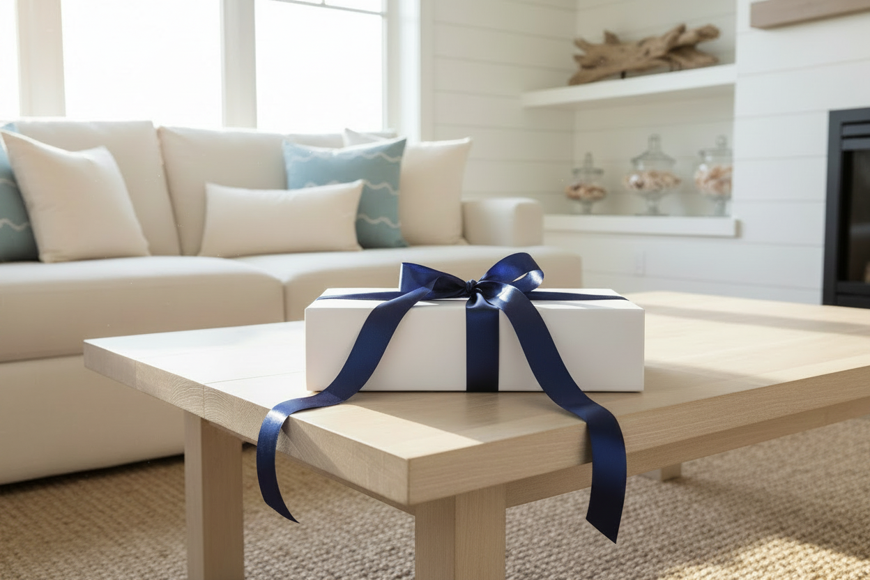White gift box with Mainely Tidal Personalized Gift in it with a blue ribbon on a wooden coffee table in a living room. 