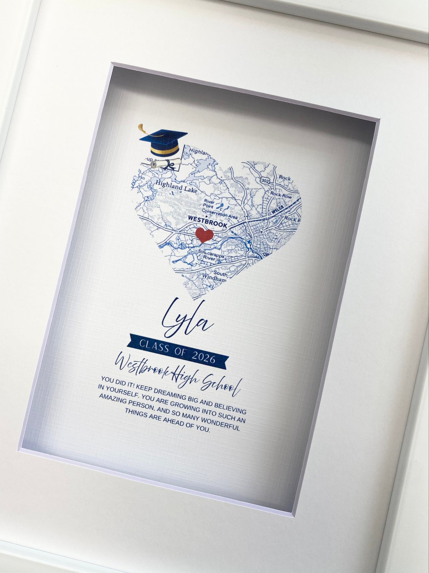 Framed graduation-themed map print with 'Lyla' and 'Westbrook High School' text.