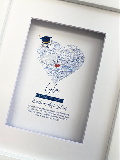 Framed graduation-themed map print with 'Lyla' and 'Westbrook High School' text.