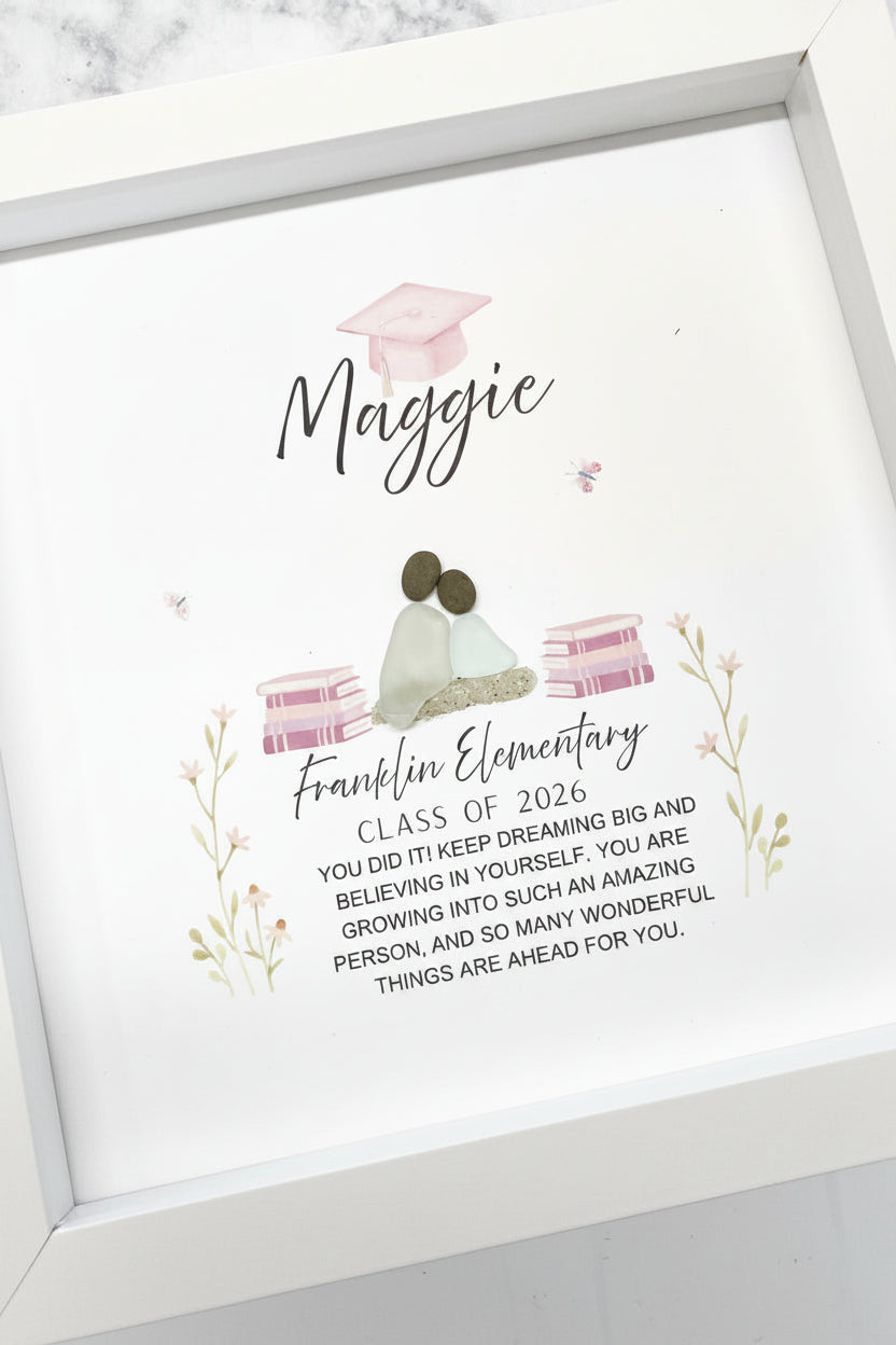 Framed Sea Glass Art for Her graduation-themed artwork with text and illustrations on a white background