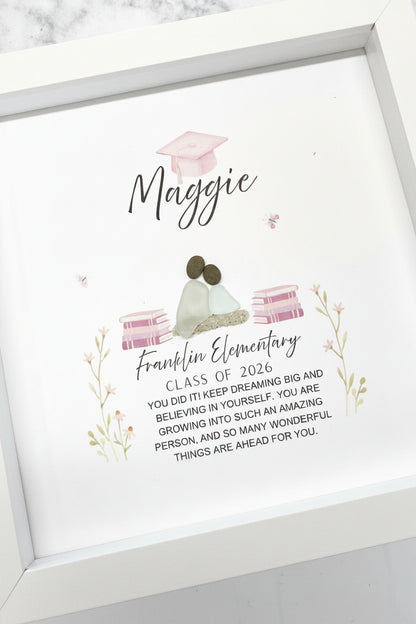 Framed Sea Glass Art for Her graduation-themed artwork with text and illustrations on a white background