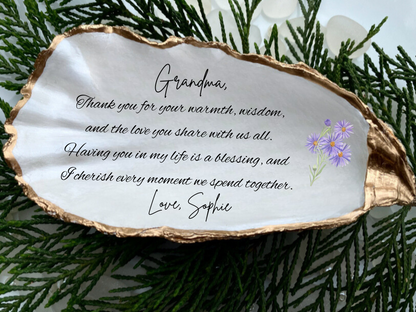 Grandma Gift Birth Flower Special Grandma Gift Grandma Oyster Shell Dish Grandma Christmas Gift Personalized Birth Flower Unique Grandma Gift