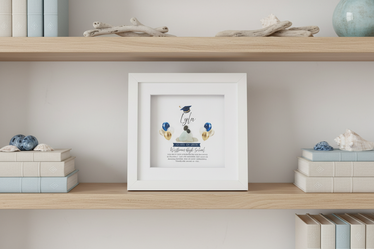 Framed graduation-themed sea glass  artwork on a shelf with decorative items