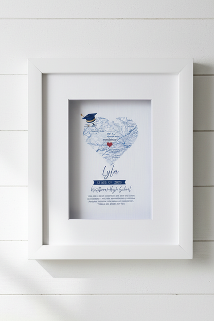 Framed print with a map design and text on a white background graduation gift personalized and framed.