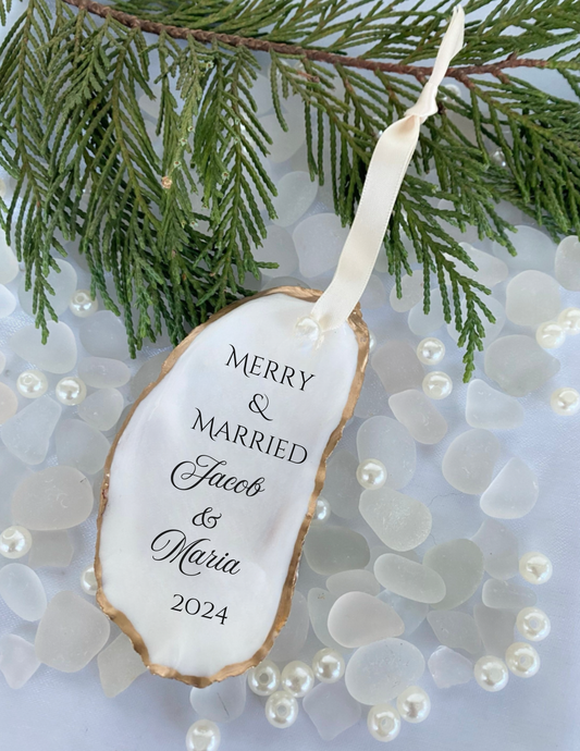Merry & Married Oyster Shell Ornament First Christmas Newlywed Gift
