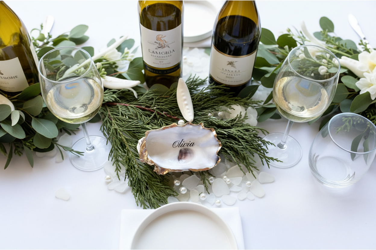 Oyster Shell Escort at a luxury modern coastal wedding with wine glasses. 