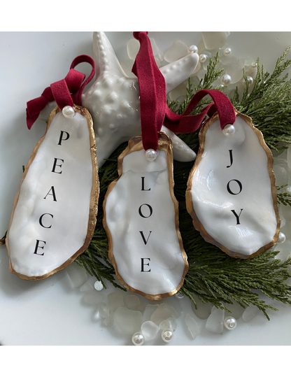 Heirloom Christmas ornament, Peace Love Joy ornament, personalized shell ornament, oyster shell decor, coastal keepsake, handmade holiday gift, mom ornament, sister gift, teacher holiday gift, aunt tree ornament, friend gift 2024