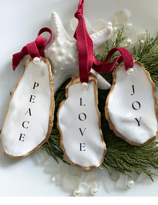 Heirloom Christmas ornament, Peace Love Joy ornament, personalized shell ornament, oyster shell decor, coastal keepsake, handmade holiday gift, mom ornament, sister gift, teacher holiday gift, aunt tree ornament, friend gift 2024