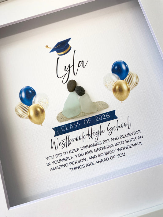 Graduation-themed personalized sea glass art with text and decorative elements on a light background