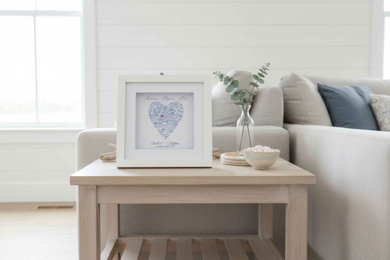 Living room with a framed heart-shaped artwork that is a map as a wedding gift on a wooden side table.