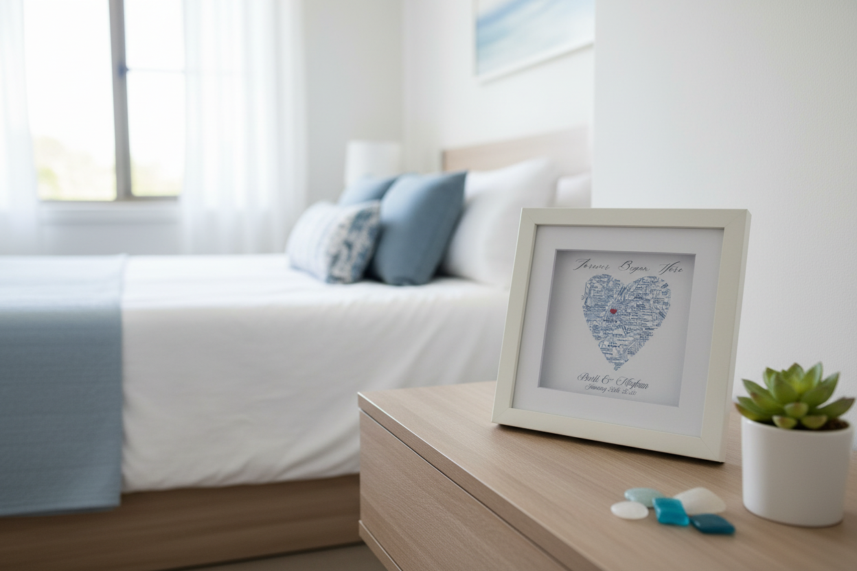 Framed heart-shaped map personalized artwork on a wooden coffee table in a bedroom setting.