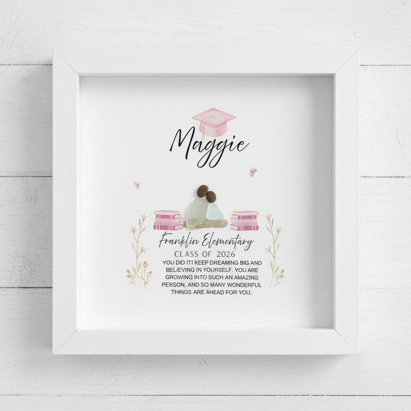 Framed sea glass and pebble art graduation gift framed with text and illustrations on a white background