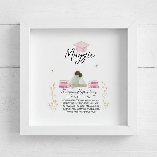 Framed sea glass and pebble art graduation gift framed with text and illustrations on a white background