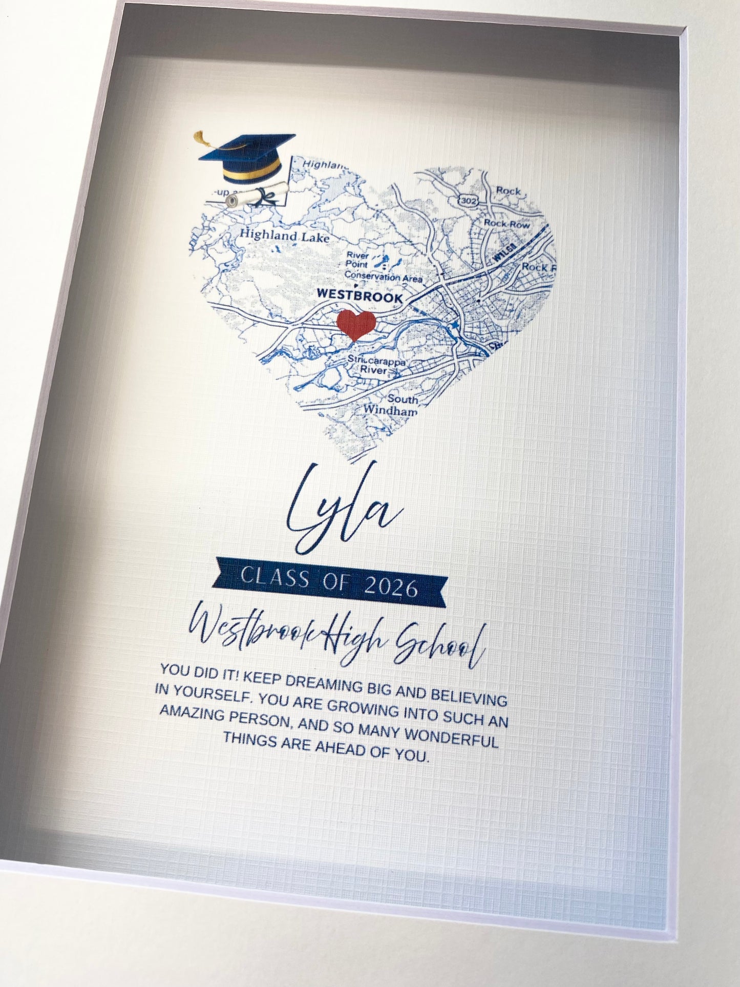 Framed graduation-themed map print with text and decorative elements. The perfect personalized meaningful graduation gift. 