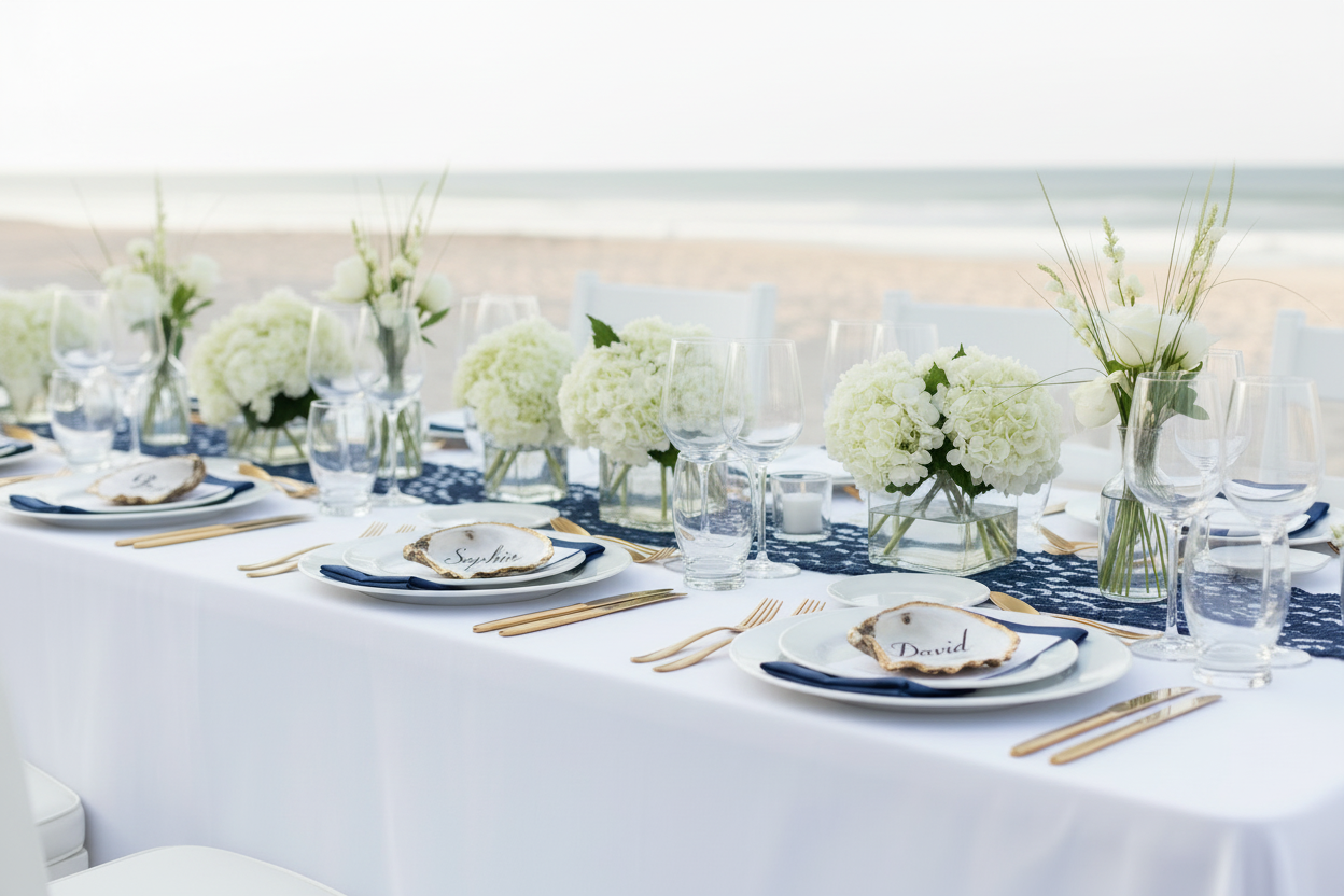 Elegant beach wedding table setting with white tablecloth, blue napkins, and floral centerpieces with oyster shell place cards.