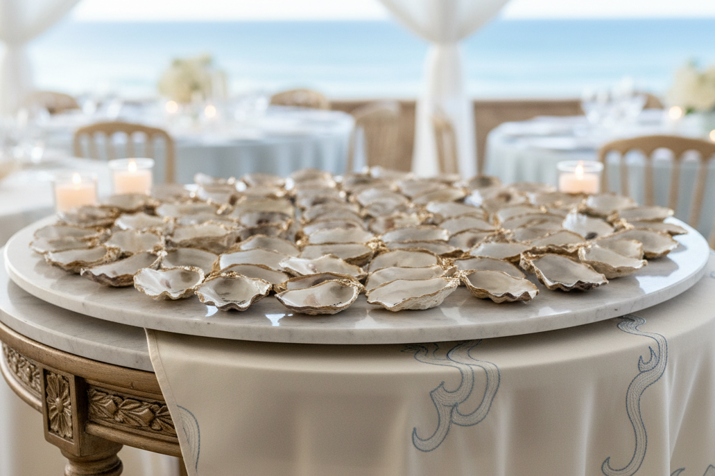 Round table with beautiful luxury decorative oyster shell wedding favors and place cards arrangement in a formal setting