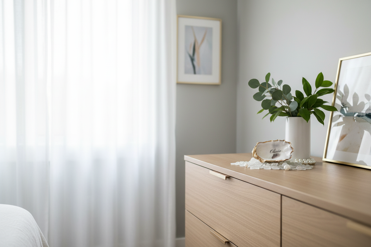 Oyster Shell Place Card Neatly arranged room with a dresser, plant, and framed pictures.
