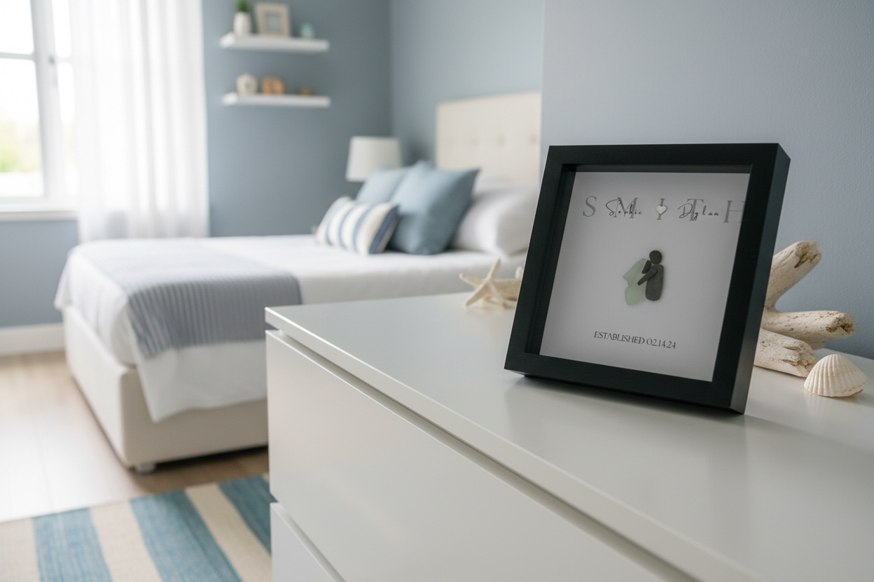 Framed artwork on a dresser in a bedroom with a bed and shelves in the background.