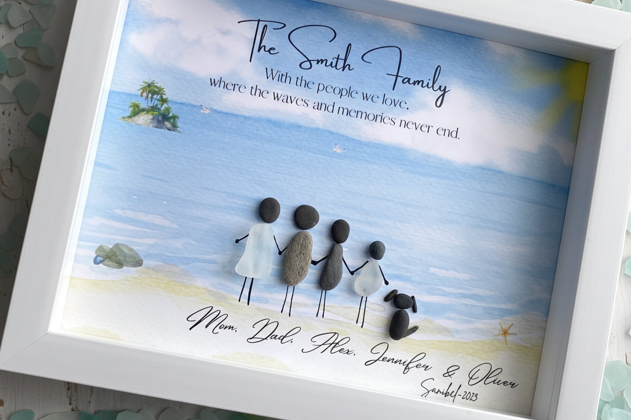 Framed artwork of a family on a beach with personalized text.