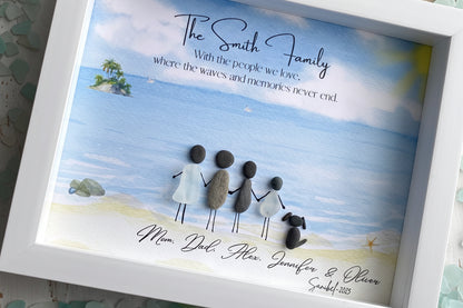 Framed artwork of a family on a beach with personalized text.
