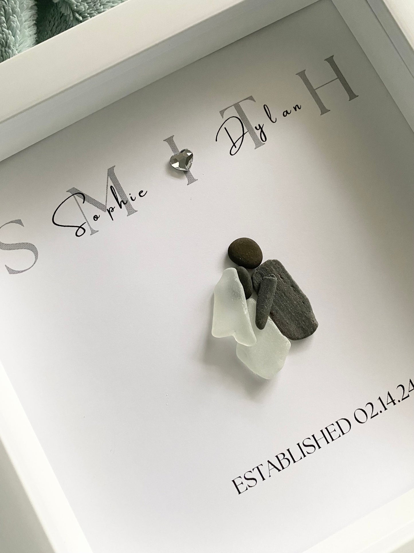 Personalized framed sea glass art for couples featuring bride and groom with names and wedding date in a 9x9 shadow box.