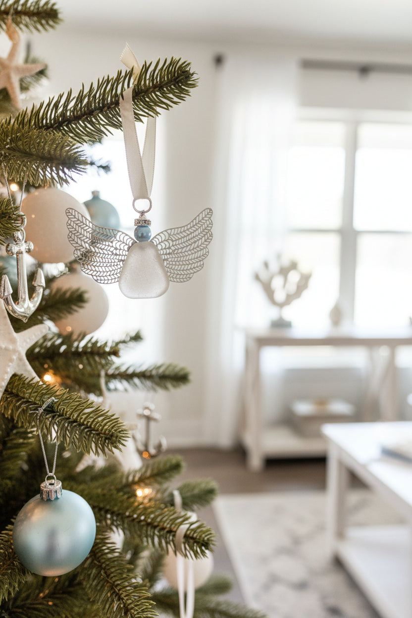 A silver-colored angel-shaped ornament made of sea glass with a blue pearl head, displayed in an open white box with a satin ribbon, set against a natural background with sea glass accents.