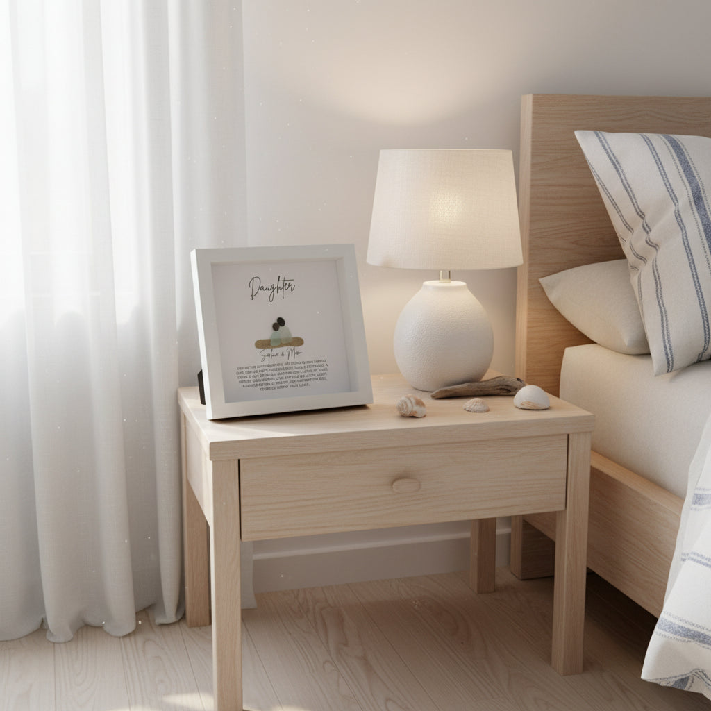 Wooden nightstand with lamp and photo frame next to a bed with striped pillows.