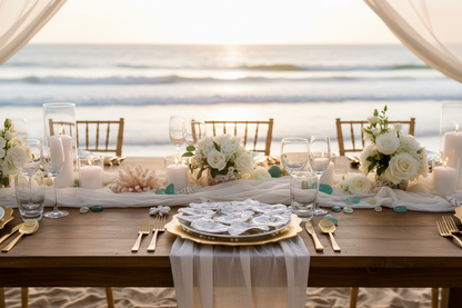 Natural oyster shell place cards displayed at a beautiful beach wedding. 