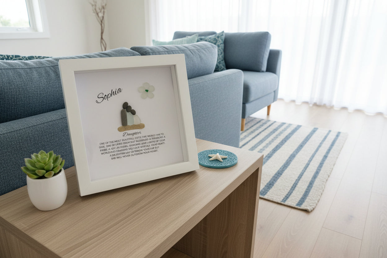 Framed artwork on a coffee table in a living room with a blue sofa.