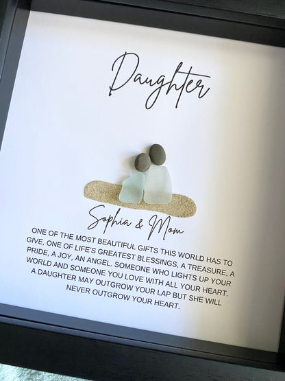Framed artwork with 'Daughter' and 'Sophia & Mom' text, featuring two small figures and a quote.